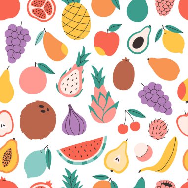  Şirin renkli meyveleri olan kusursuz bir desen. Tropikal ve egzotik meyveler. Pankart, duvar kağıdı, tekstil, ambalaj kağıdı, arka plan, kartlar için tasarım. Düz biçimli vektör illüstrasyonu