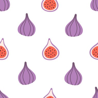 Şirin incir meyveli kusursuz desen. Pankart, duvar kağıdı, tekstil, ambalaj kağıdı, arka plan, kartlar için tasarım. Düz biçimli vektör illüstrasyonu