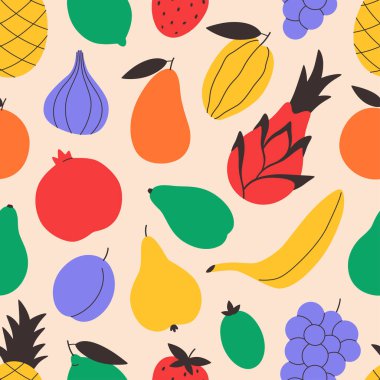 Şirin renkli meyveleri olan kusursuz bir desen. Tropikal ve egzotik meyveler. Pankart, duvar kağıdı, tekstil, ambalaj kağıdı, arka plan, kartlar için tasarım. Düz biçimli vektör illüstrasyonu