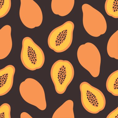 Şirin papayalı kusursuz desen. Pankart, duvar kağıdı, tekstil, ambalaj kağıdı, arka plan, kartlar için tasarım. Düz biçimli vektör illüstrasyonu