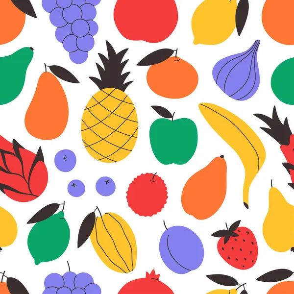 Şirin renkli meyveleri olan kusursuz bir desen. Tropikal ve egzotik meyveler. Pankart, duvar kağıdı, tekstil, ambalaj kağıdı, arka plan, kartlar için tasarım. Düz biçimli vektör illüstrasyonu