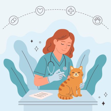 Veteriner doktor veteriner ofisinde evcil hayvanı muayene edip iyileştiriyor. Veteriner kliniğinde evcil hayvanlar. Veteriner günü. Düz biçimli vektör illüstrasyonu