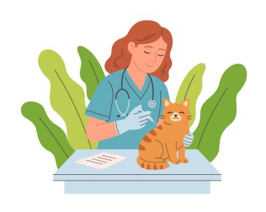 Veteriner doktor veteriner ofisinde evcil hayvanı muayene edip iyileştiriyor. Veteriner kliniğinde evcil hayvanlar. Veteriner günü. Düz biçimli vektör illüstrasyonu