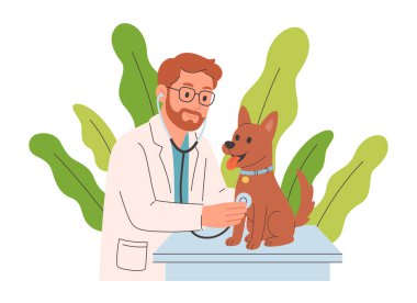 Veteriner doktor köpeği muayene edip iyileştiriyor. Veteriner günü. Düz biçimli vektör illüstrasyonu