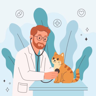 Veteriner doktor veteriner ofisinde evcil hayvanı muayene edip iyileştiriyor. Veteriner kliniğinde evcil hayvanlar. Veteriner günü. Düz biçimli vektör illüstrasyonu