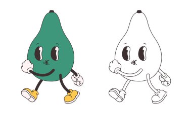 Çok hoş bir avokado boyama sayfası. Modayı takip eden funky retro çizgi film karakteri. Harika bir yaz boyama kitabı. Düz biçimli vektör illüstrasyonu