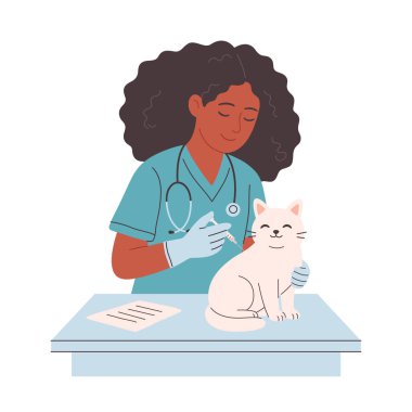 Veteriner doktor veteriner ofisinde evcil hayvanı muayene edip iyileştiriyor. Veteriner kliniğinde evcil hayvanlar. Veteriner günü. Düz biçimli vektör illüstrasyonu