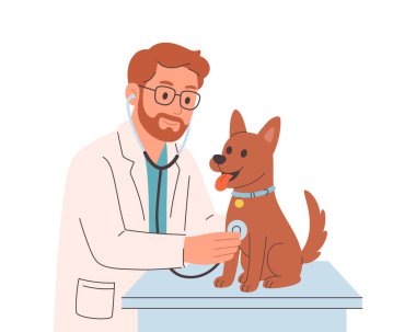 Veteriner doktor köpeği muayene edip iyileştiriyor. Veteriner günü. Düz biçimli vektör illüstrasyonu