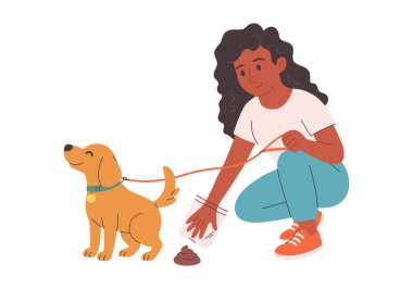 Köpek konseptinden sonra ortalığı temizle. Köpek sahibi köpek artıklarını temizliyor. Hayvan bakımı, çevresel farkındalık atık imhası. Düz biçimli vektör illüstrasyonu