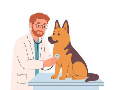 Veteriner doktor köpeği muayene edip iyileştiriyor. Veteriner günü. Düz biçimli vektör illüstrasyonu