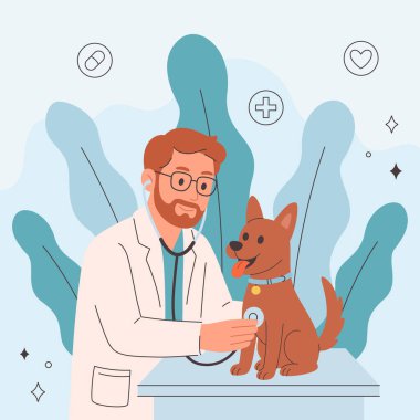 Veteriner doktor köpeği muayene edip iyileştiriyor. Veteriner günü. Düz biçimli vektör illüstrasyonu