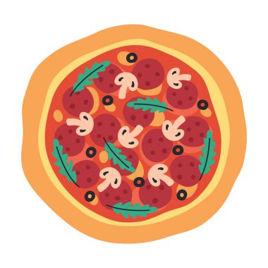 Domatesli pizza, mantar, roka, peynir, siyah zeytin ve salam. Lezzetli çizilmiş İtalyan pizzası. Düz moda vektör illüstrasyonuName