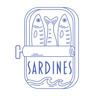 Sardalyalar sanat eserleri çizebilir. Konserve deniz ürünleri. Balık ürünleri ambalajının ana hatları. Akdeniz usulü İtalyan usulü. Düz biçimli vektör illüstrasyonu