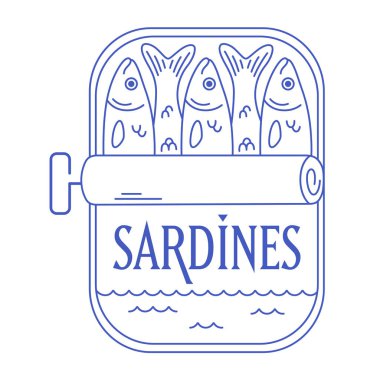 Sardalyalar sanat eserleri çizebilir. Konserve deniz ürünleri. Balık ürünleri ambalajının ana hatları. Akdeniz usulü İtalyan usulü. Düz biçimli vektör illüstrasyonu