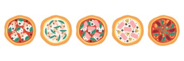 Pizza koleksiyonu. Lezzetli çizilmiş İtalyan pizzası. İtalyan yemeği. Düz moda vektör illüstrasyonuName