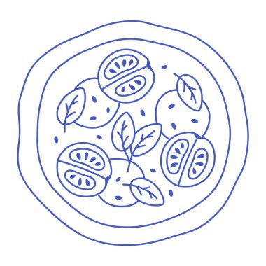 İtalyan pizza margherita fesleğenli, domatesli ve mozzarella soslu. Lezzetli bir el çizimi pizza etiketi. Düz moda vektör illüstrasyonuName