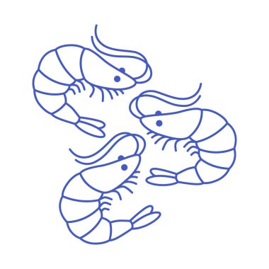 El çizimi karides çizimi çizimi. Deniz ürünleri, deniz hayvanı ana hatları çıkartmaları. Balık pazarı, restoran malzemeleri. Düz moda vektör illüstrasyonuName