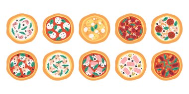 Pizza koleksiyonu. Lezzetli çizilmiş İtalyan pizzası. İtalyan yemeği. Düz moda vektör illüstrasyonuName