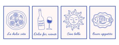 Elle çizilmiş Akdeniz karalamaları levhası ya da poster seti. Dolce vita estetiği. İtalyan yaz tatili. Duvar resimleri dekoru. Düz moda vektör illüstrasyonuName