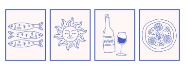 Elle çizilmiş Akdeniz karalamaları levhası ya da poster seti. Dolce vita estetiği. İtalyan yaz tatili. Duvar resimleri dekoru. Düz moda vektör illüstrasyonuName