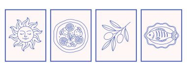 Elle çizilmiş Akdeniz karalamaları levhası ya da poster seti. Dolce vita estetiği. İtalyan yaz tatili. Duvar resimleri dekoru. Düz moda vektör illüstrasyonuName