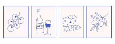 Elle çizilmiş Akdeniz karalamaları levhası ya da poster seti. Dolce vita estetiği. İtalyan yaz tatili. Duvar resimleri dekoru. Düz moda vektör illüstrasyonuName