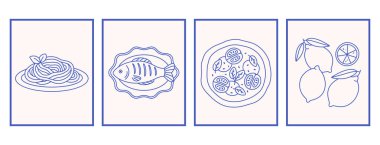 Elle çizilmiş Akdeniz karalamaları levhası ya da poster seti. Dolce vita estetiği. İtalyan yaz tatili. Duvar resimleri dekoru. Düz moda vektör illüstrasyonuName