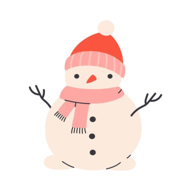 Cute snowman with scarf and hat. Christmas and winter festive element. Outdoor snow fun. Flat vector illustration on white background