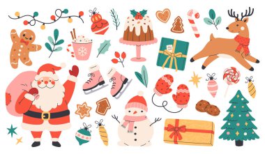 Cute Christmas festive elements set. Santa, snowman, gifts, festive pastry, candies, garland, reindeer, gingerbreads, skates. Cute winter holiday stickers. Flat vector illustration on white background