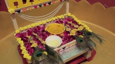 Haldi decoration plate . Turmeric Paste for Haldi Ceremony, Indian Hindu Wedding Ritual