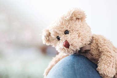 The Teddy bear is holding onto my leg