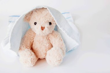 Teddy bear covered blue towel on white background 