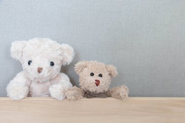 A couple of teddy bears are catching on wood board on grey background 