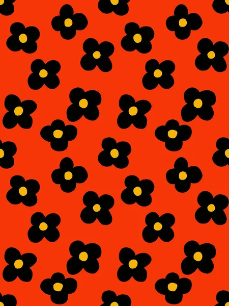 Płynny Wzór Czarnymi Żółtymi Kwiatami Czerwonym Tle Zdjęcie Stockowe