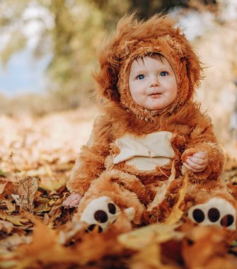 The kid sits in yellow leaves in the park for a walk. Family autumn walk in the evening in the park with children. Happy motherhood.