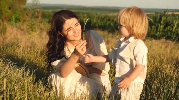 Mère Avec Bébé Marche Dans Parc Été Coucher Soleil — Video