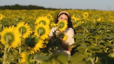 Yazın gün batımında genç bir kadın ayçiçeği tarlasında yürür. Kırsalda, tarlada yürü. Tarım ayçiçeği ekiminin gelişimi.