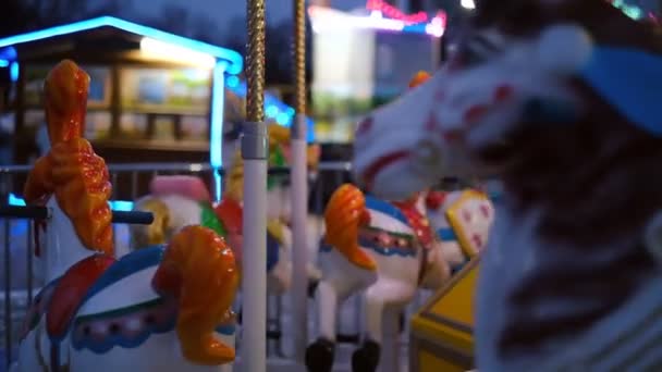 Christmas Holidays Carousel Horses Spinning Lights Shining Brightly — Stock Video