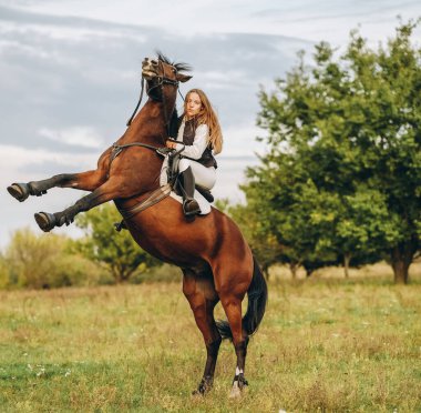 A young female jockey is sitting on her horse in show jumping training. The horse rears up. Preparing for the competition. Love for horses.