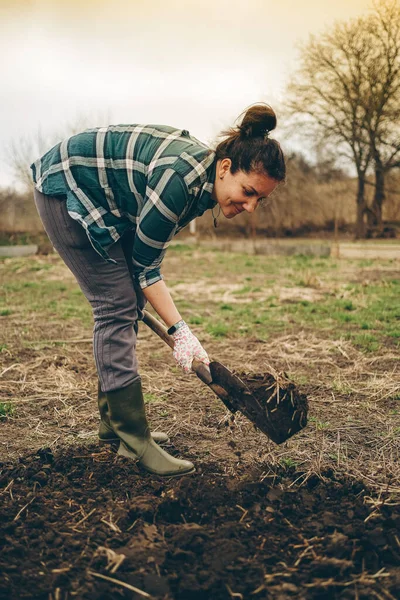 一个女人正在田里挖土 农活在春天的田里 准备春天放羊的土地 — 图库照片