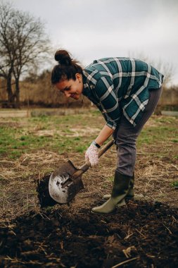 Bir kadın tarlada toprağı kazıyor. İlkbaharda tarımda tarım işi. Baharda koyun ekmek için toprağı hazırlıyorum..