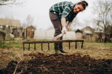 Genç kadın çiftçi baharda bir tarlada tırmıkla çalışıyor. Ekmeden önce toprağı hazırlıyorum. Bir kadının elindeki tırmığın yakın çekimi..