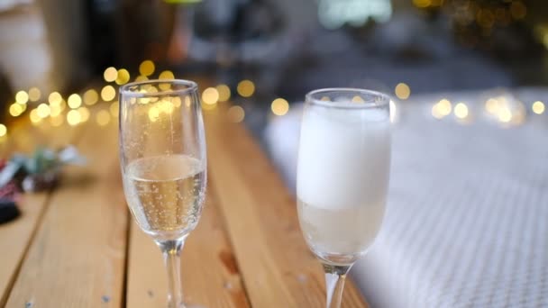 Man Pours Champagne Wine Glasses Holiday Celebration Two — Vídeo de Stock
