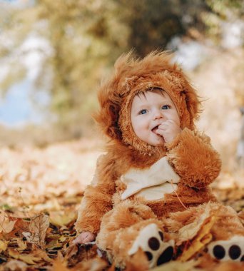 The kid sits in yellow leaves in the park for a walk. Family autumn walk in the evening in the park with children. Happy motherhood.