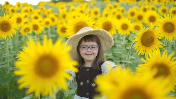 ダウン症の少女は 夏の日没時に太陽の花の畑を歩いています ダウン症の子供を育てることの困難 — ストック動画