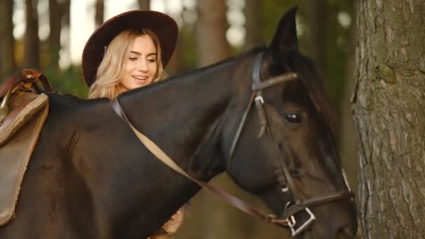 Young Beautiful Woman Sits Horse Autumn Forest Horseback Ride Preparing — Stock Video