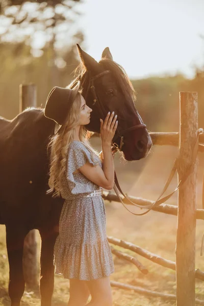 stock image A young woman with a horse stands near the fence on her ranch at sunset in the fall. Breeding thoroughbred horses for equestrian sport.