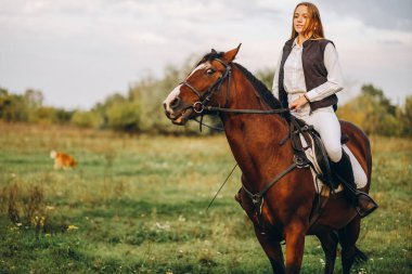 Young beautiful blonde woman jockey rides a brown horse in a meadow at sunset in summer. Preparing for an equestrian competition.