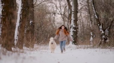 Kışın sevgili evcil hayvanı Samoyed ile parkta bir gölün kıyısında yürüyen bir kız. Kışın köpeği gezdiriyorum..