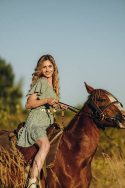 Genç ve güzel bir kadın sonbaharda ormanda ata biner. Sonbaharda akşamları ata binmek. At yarışı sporu için çiftlikte at yetiştiriyorum..